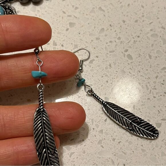 3 Pcs Fake Blue Turquoise Stone feather Pendant Necklace Earring Jewelry Set - Picture 6 of 8